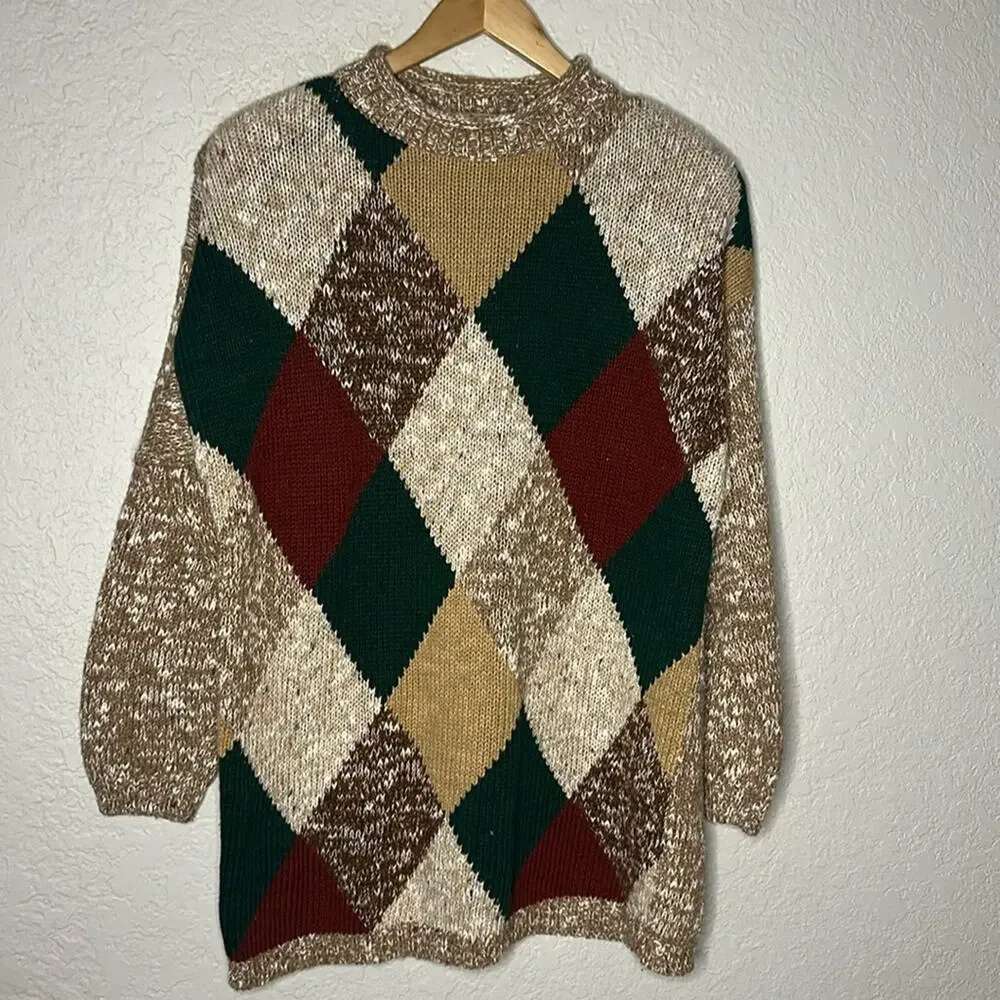 Vintage 90s Y2K Sweater Size 18W Shoulder Pads Argyle Brown Tan Fall Grandma